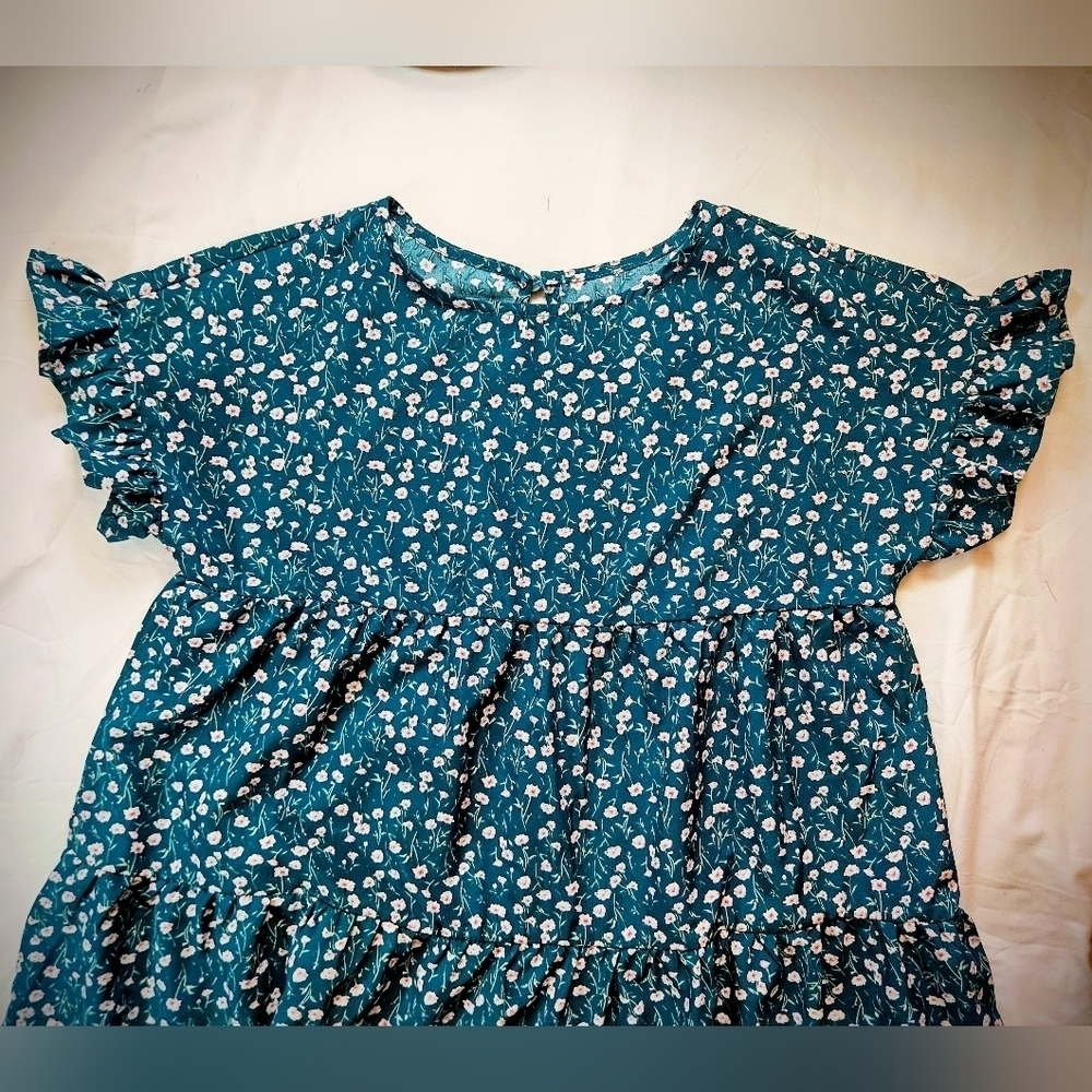 Unbranded Womens Teal Blue & White Floral Short Trapeze Dress Size Small - Picture 3 of 12